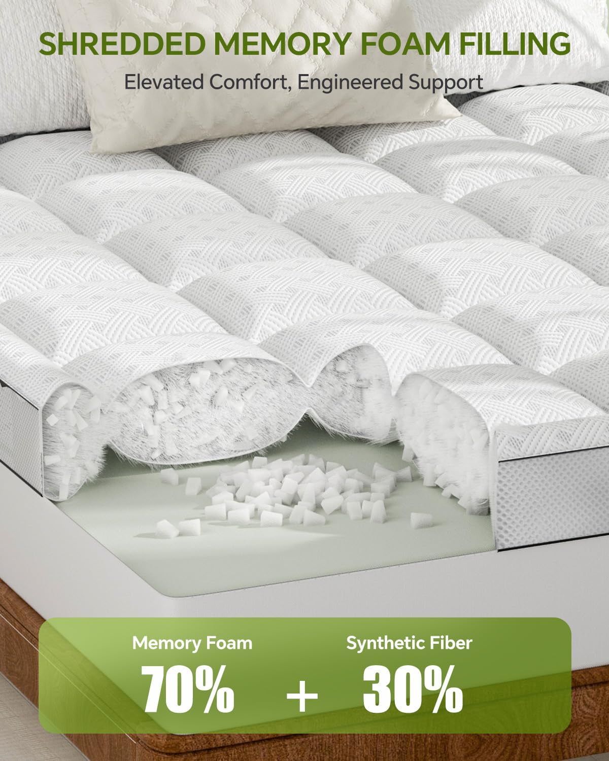Queen Mattress Topper,3 Inch Thick Pillow Top Mattress Pad,Bamboo Rayon Breathable Cover,Soft Queen Size Shredded Memory Foam Fill Bed Topper for Comfort Sleep Full Support Pressure Relief