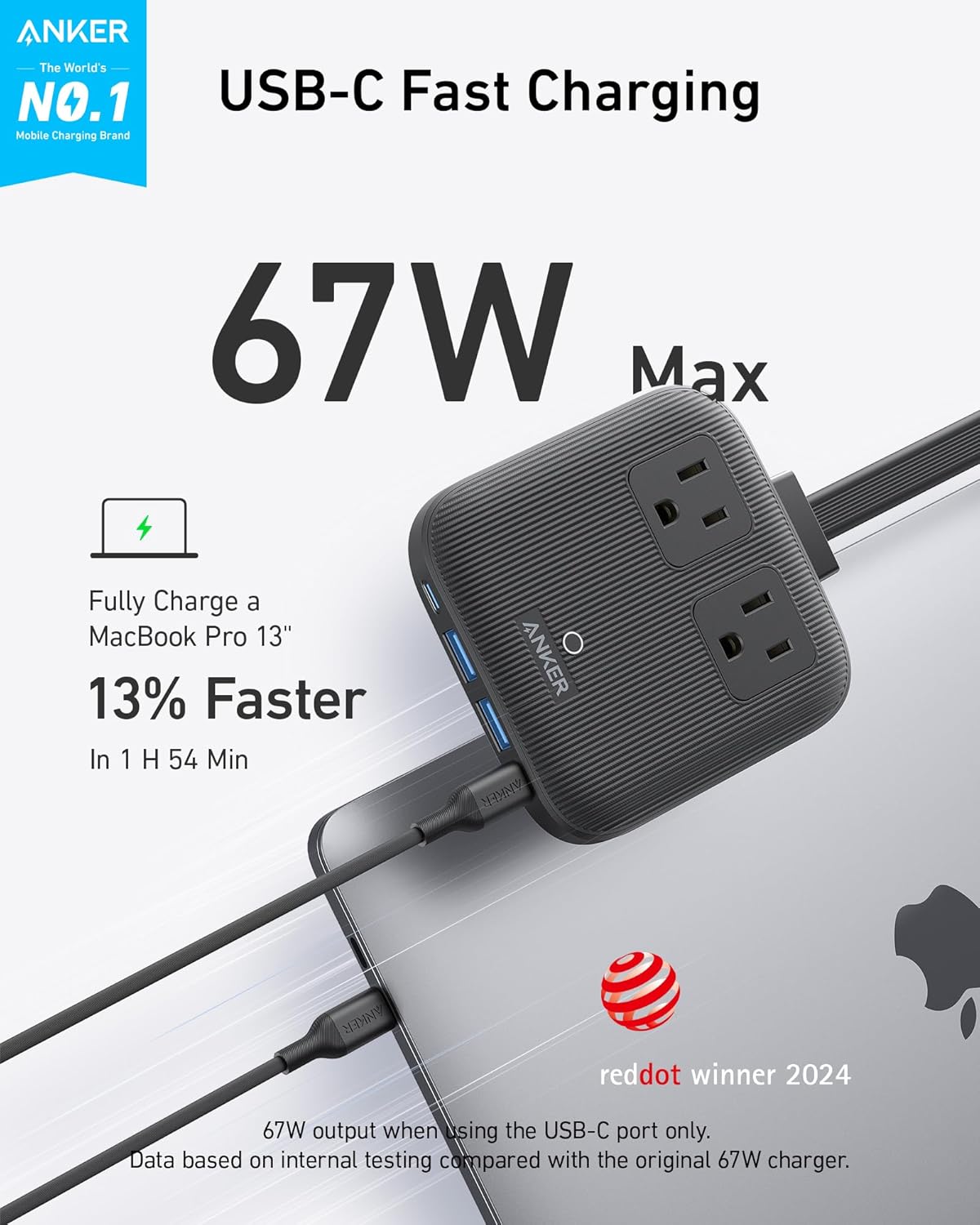 Anker Travel Power Strip, Anker Nano 67W Max 6-in-1 USB C Charger, 2 AC, 2 USB A and 2 USB C, 5ft Thin Undetachable Flat Plug Extension Cord with Multiple Outlets, Travel Essentials, Cruise Essentials