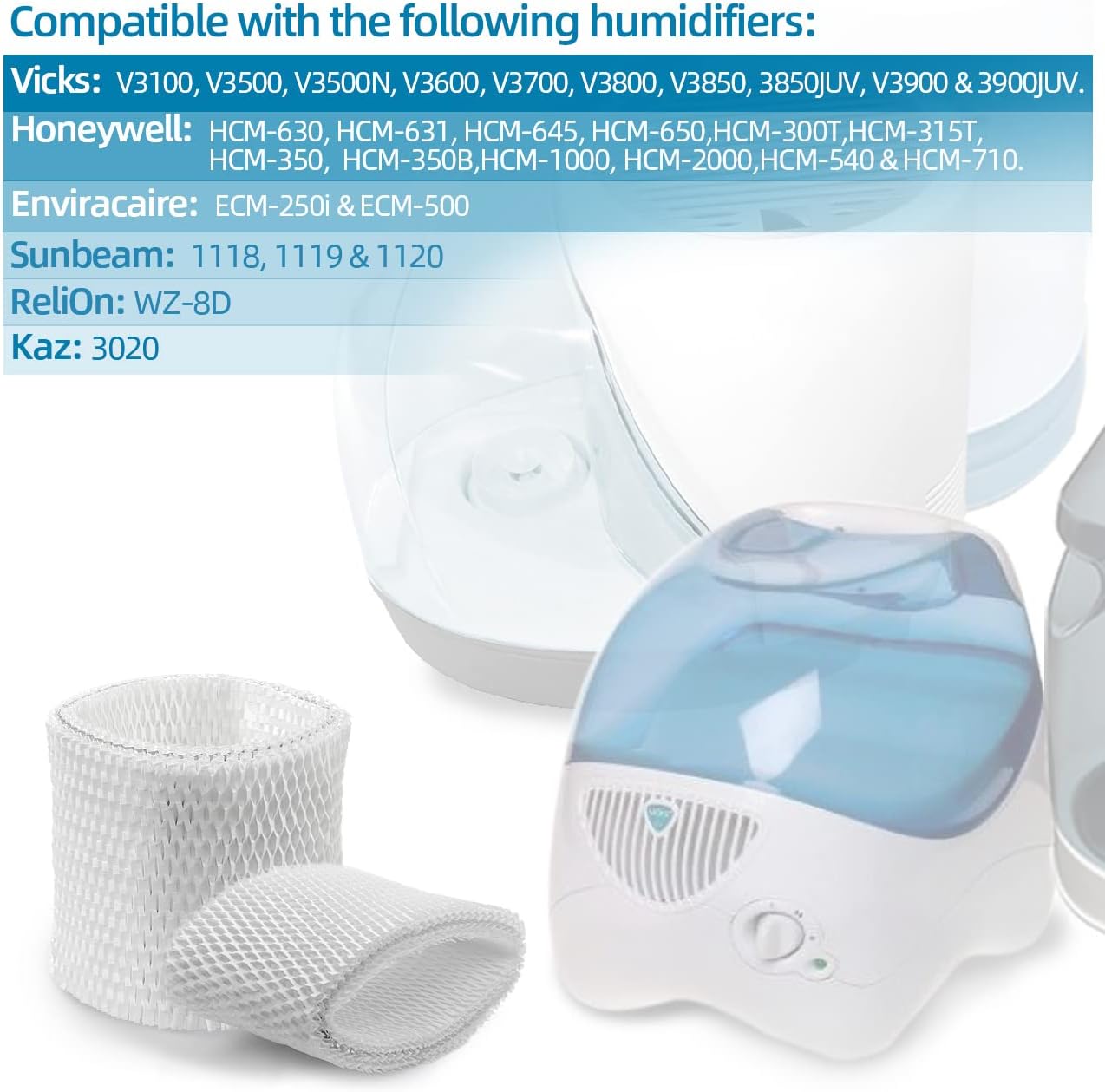 WF2 Humidifier Filter for Kaz Vicks - V3100 V3500 V3700 V3800 V3900 3020 Series, Protec PWF2 VEV400 Cool Mist Vaporizer Humidifiers (Pack of 4) White