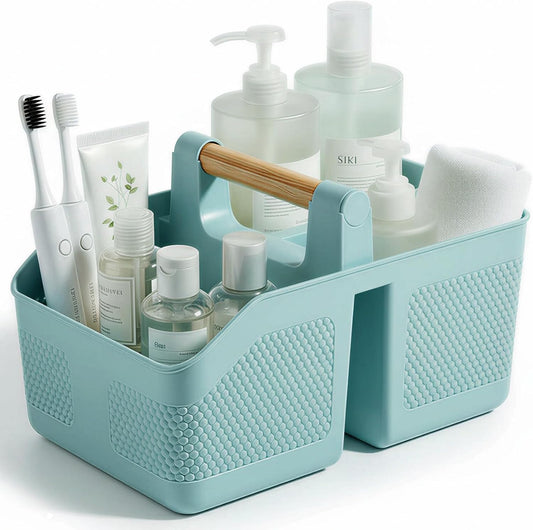 rejomiik Shower Caddy Portable with Bamboo Handle, Plastic Basket Cleaning Caddy Organizer Storage Tote for Bathroom, College, Dorm Room Essentials, Blue