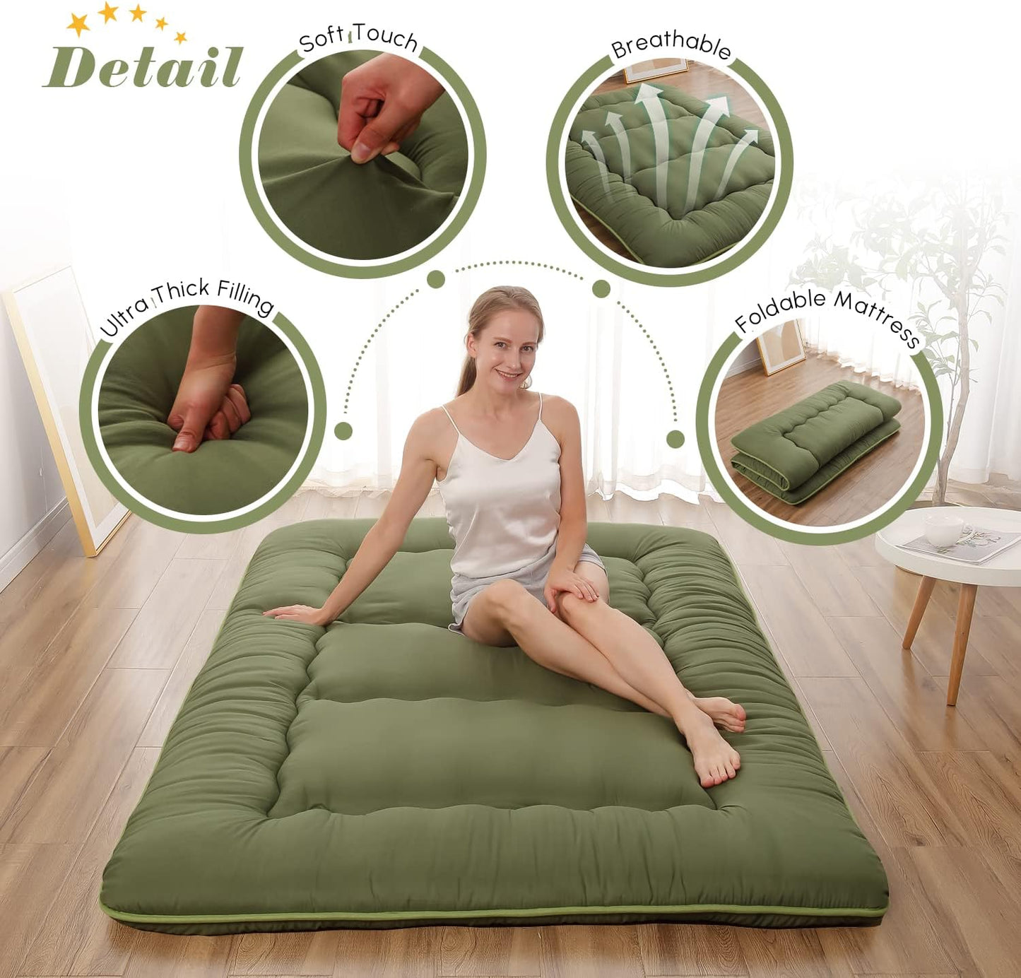 Zelladorra Japanese Floor Mattress, Futon Mattress with Portable Storage Bag and Washable Cover, Roll Up Thick Tatami Mat Suitable for Camping, Guest Room, Green, Twin