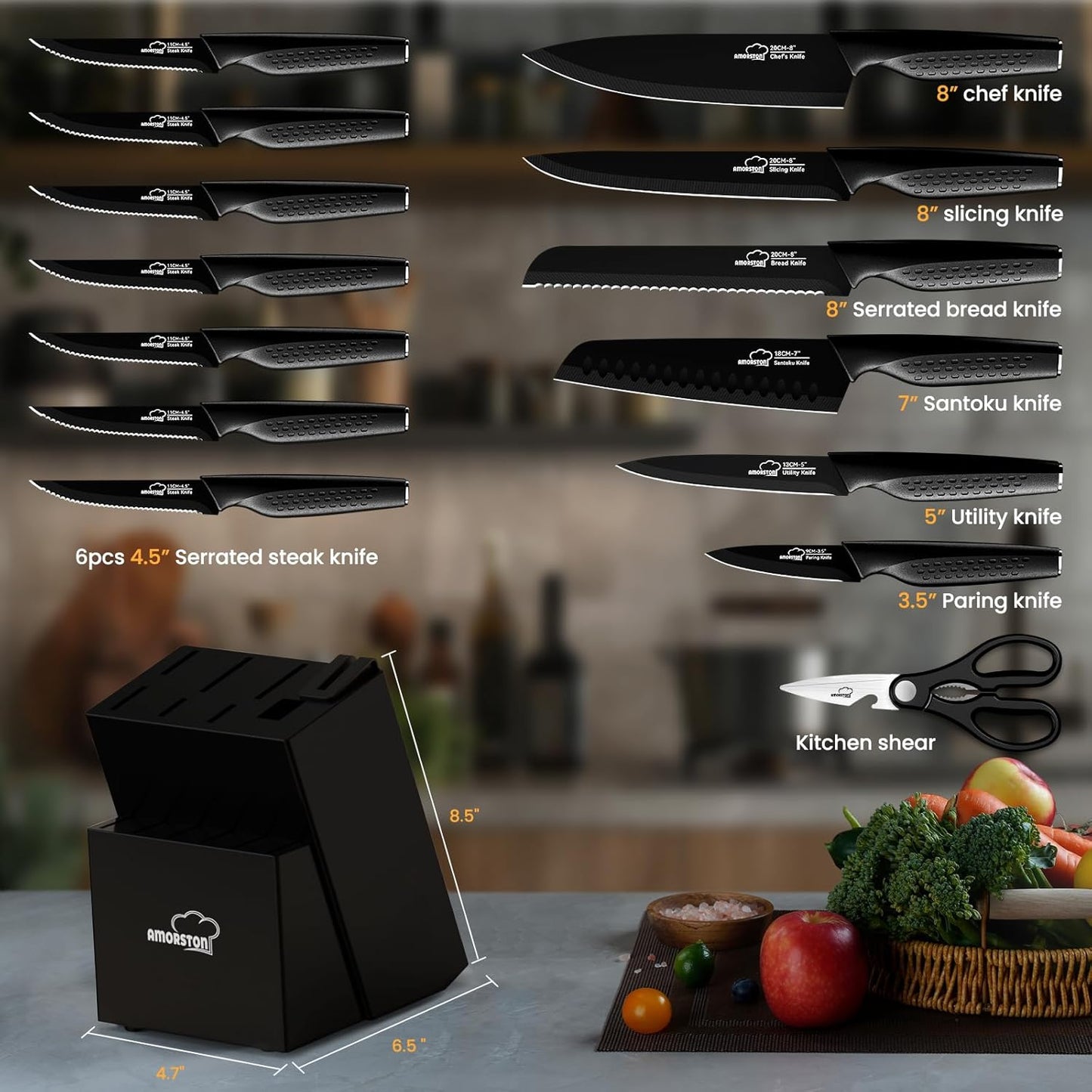 Knife Set, 15 Pieces Kitchen Knife Set with Block Built in Sharpener, Dishwasher Safe, German Stainless Steel Knife Block Set, Elegant Black