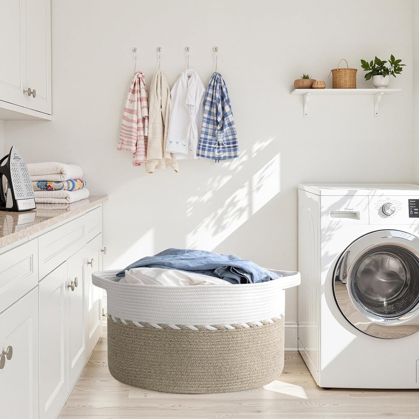 OIAHOMY 105L Extra Large Blanket Basket - Decorative Cotton Rope Storage Basket for Bedroom, Living Room & Nursery - Woven Laundry Hamper for Organizing Blankets, Clothes & Toys - Light Brown & White