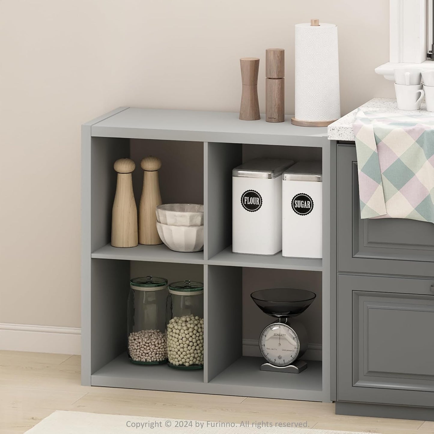 Furinno HERMITE Kitchen Island, 4-Cube Coffee Bar, Extra Thick Kitchen Storage, Bakers Rack, for Pantry Organizers and Storage, Kitchen Organization, Light Grey