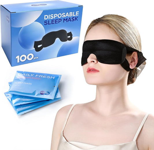 100 Packs Disposable Sleep Masks Bulk, Blackout Blindfolds for Men Women, Soft Eyemasks Adjustable for Sleeping Travel Yoga, Light Blocking Night Eye Mask for Party Games Team Building