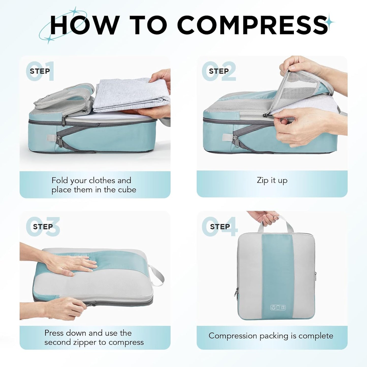 8 Set Compression Packing Cubes for Travel Essentials,Compressible Expandable Packing Cubes for Suitcase,OlarHike Luggage Garment Bags for Travel,Handy Helper for Organizing Clothes(Blue Gray)