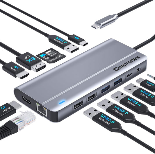 USB C Docking Station UBS C Hub for Laptop Dual Monitors 14 in 1 Multiport Dongle Dock with 2* HDMI +DP+USB C/A 100w PD+Ethernet+Data Transfer for MacBook/HP/Dell/Lenovo Thinkpad/iPad/Mac