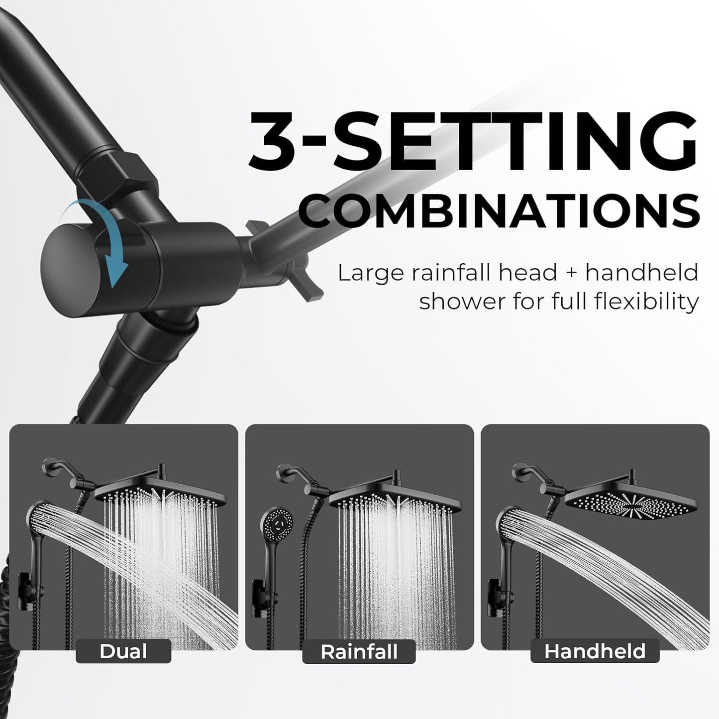 Wide Rain Shower Head With 5 Modes Handheld Showerheads, High Pressure Showerhead Combo with Extension Arm for Bathroom Accessories, Adjustable Shower Head with Anti-Clog Nozzles (Black)