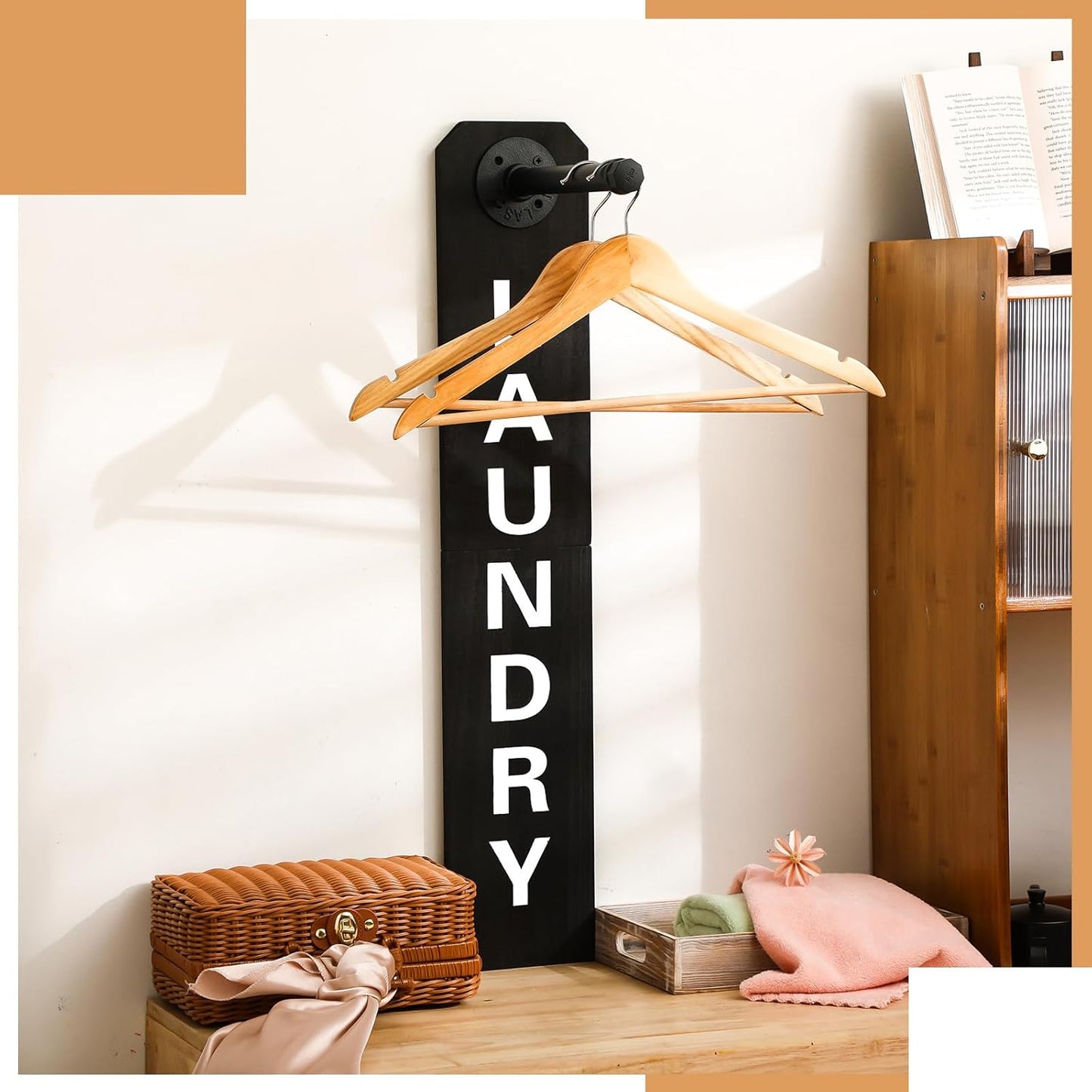 MorningRo Laundry Room Sign Decor Drying Rack Organization Laundry Room Wall Mounted Hanger Rack Farmhouse Swing Arm Rods Clothes Hooks(Black)