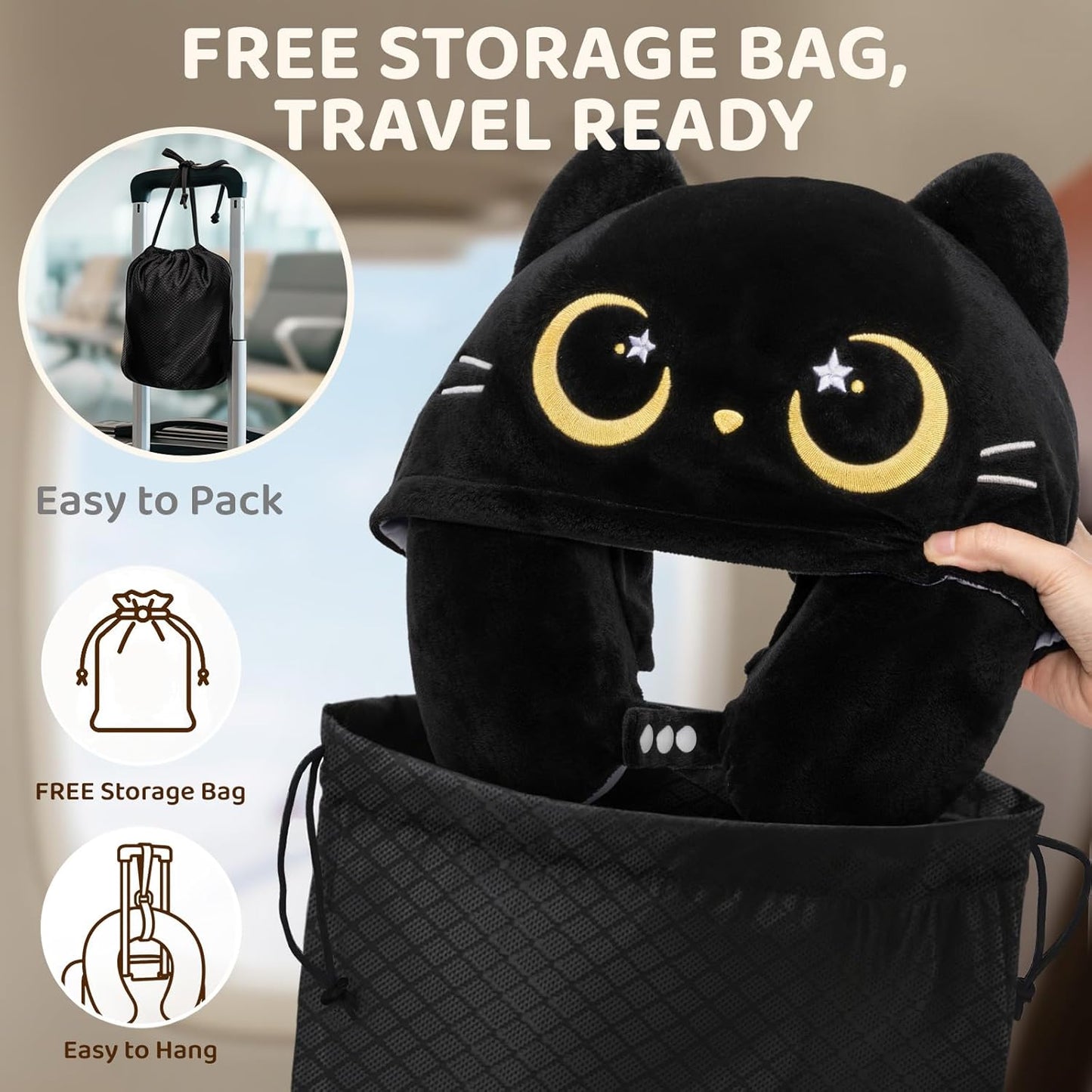 Mewaii Travel Neck Pillow with Hood for Airplanes,Memory Foam,Breathable Ice Silk & Soft Velvet,Double-Sided,Removable to Clean,Adjustable Strap,Portable Travel Pillow for Long Flights Adults & Teens