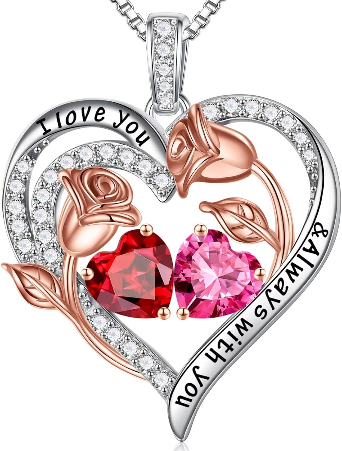 Iefil Birthstone Necklace for Women - Rose Heart Necklace