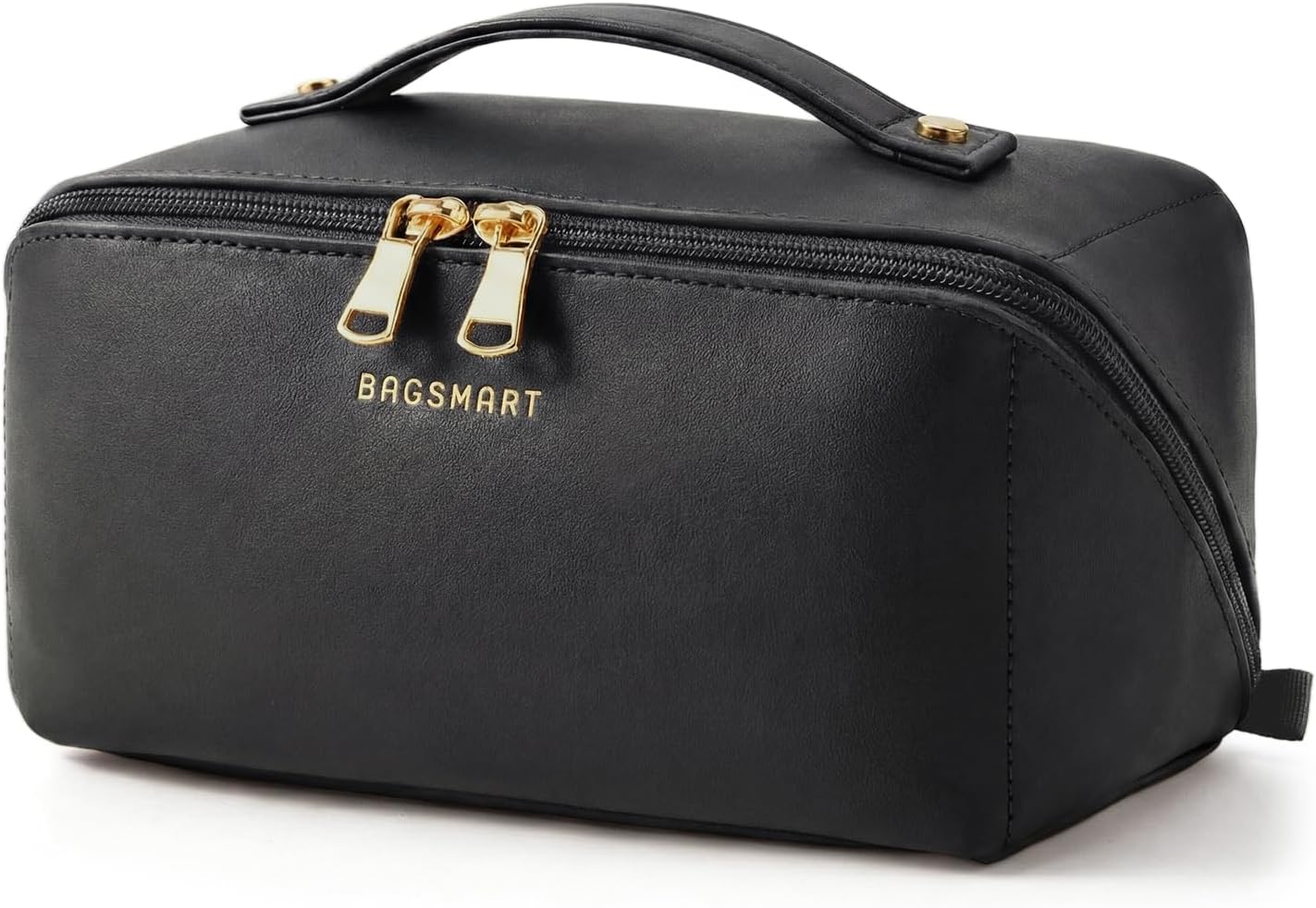 BAGSMART Makeup Bag Travel Cosmetic Bag, Large Make Up Bag Flat Open Toiletry Bag for Women, Waterproof PU Leather Travel Essentials Organizer Case, Wide-open Pouch Purse for Skincare, Brushes, Black