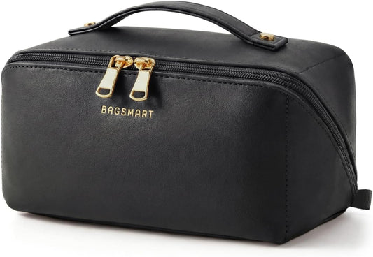 BAGSMART Makeup Bag Travel Cosmetic Bag, Large Make Up Bag Flat Open Toiletry Bag for Women, Waterproof PU Leather Travel Essentials Organizer Case, Wide-open Pouch Purse for Skincare, Brushes, Black