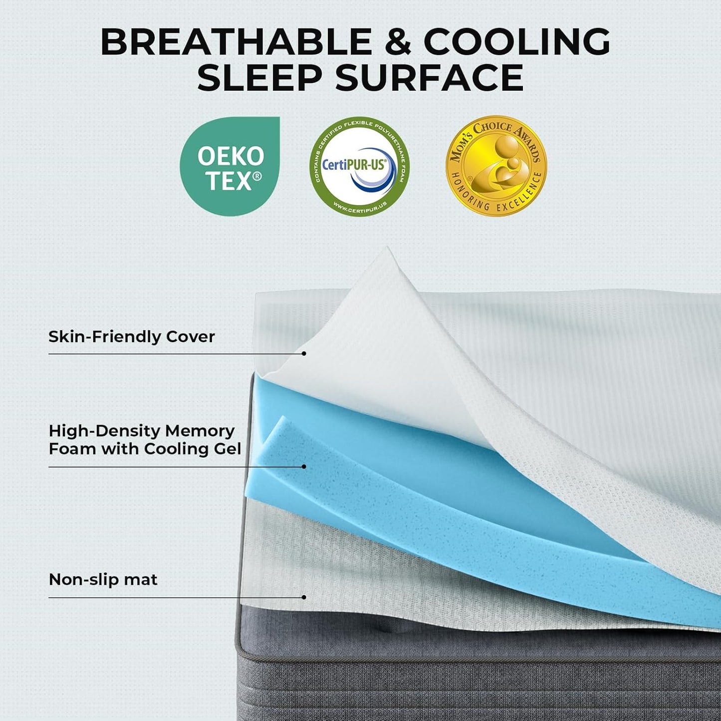 OhGeni 2 Inch Queen Memory Foam Mattress Topper Pad with Cover, Soft Bed Cover with Anti-Slip Base, Enhanced with Cooling Gel，Premium Comfort for Sleep & Back Pain Relief, Removable & Washable