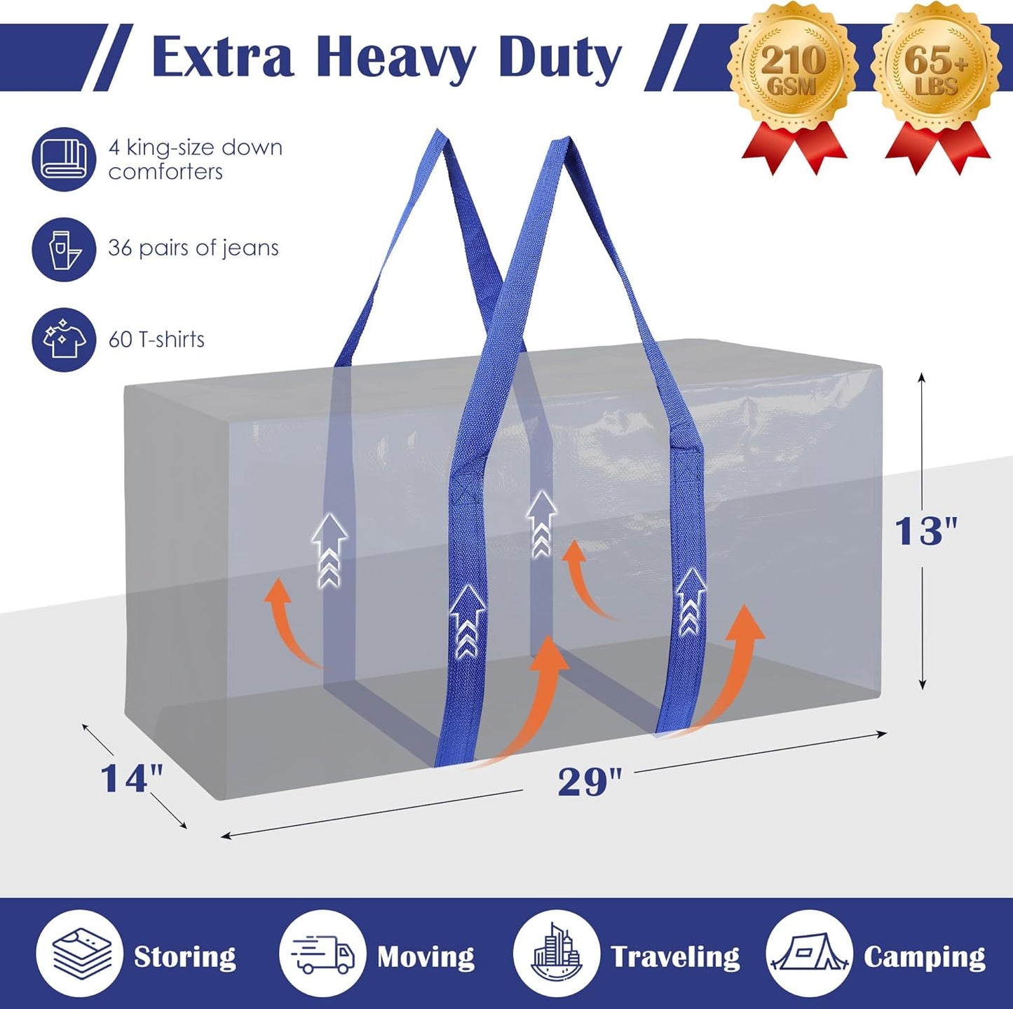 6 Pack Moving Bags with Full-Open Side Zipper, Extra Large 93L Heavy Duty Waterproof Foldable Storage Totes for College Dorm, Moving & Home Organization,Blue