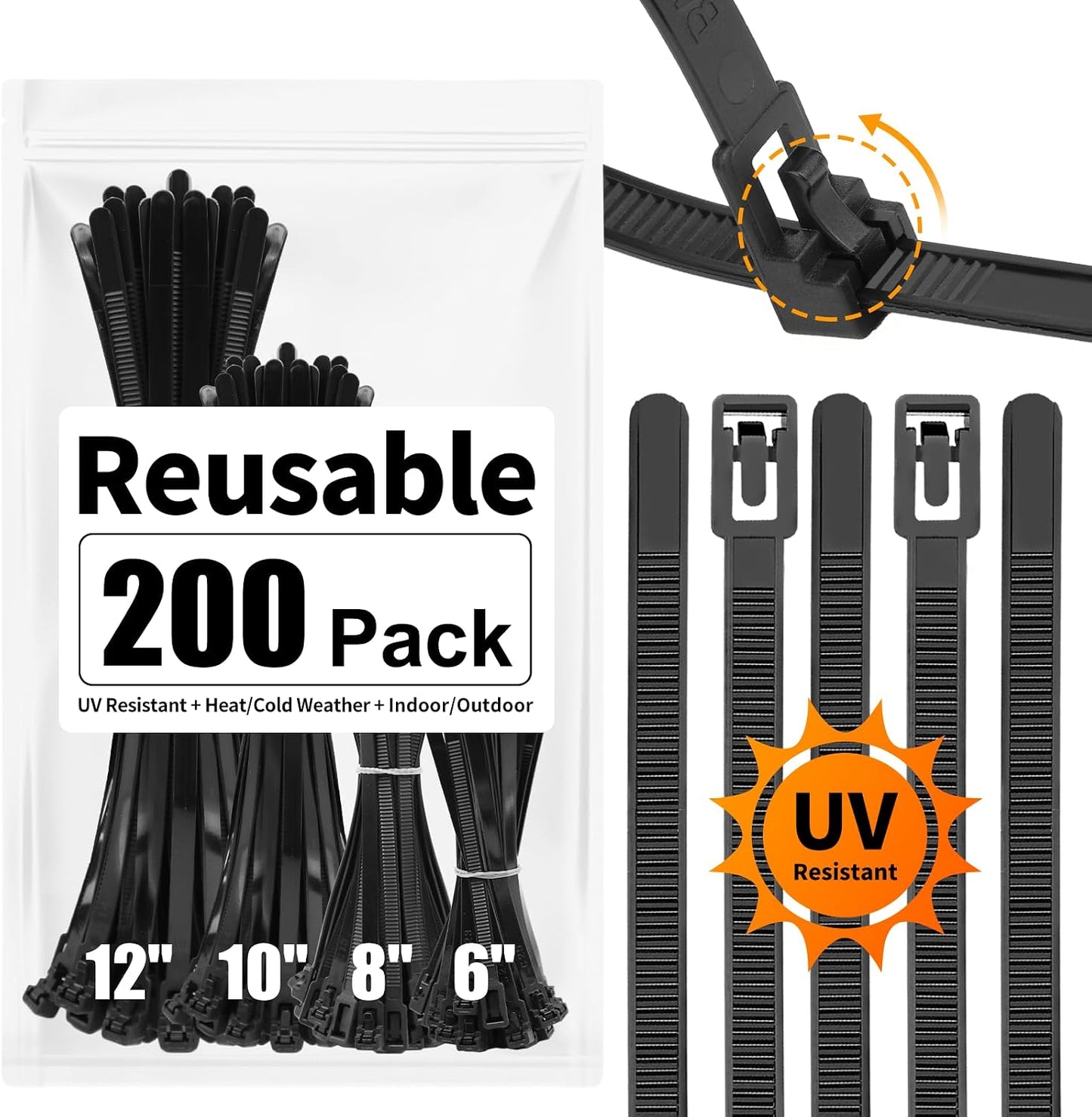 200 Pack Reusable Zip Ties 12 Inch Heavy Duty Cable Ties Black Dark Green | Reusable Trigger Release / Heavy Duty Nylon / UV Weatherproof / Non-Slip Self-Locking / Smooth Round Ending No Hurt