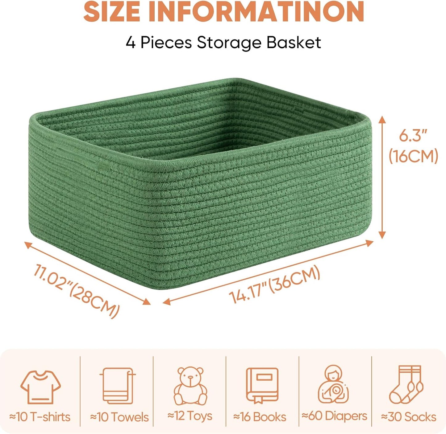 OIAHOMY 4 Pack 14.17 * 11.02 * 6.3IN Storage Baskets for Organizing Shelves, Woven Rope Baskets for Organizing Books, Clothes, Decorative Basket for Living Room, Nursery, Bedroom, Gift Basket, Green