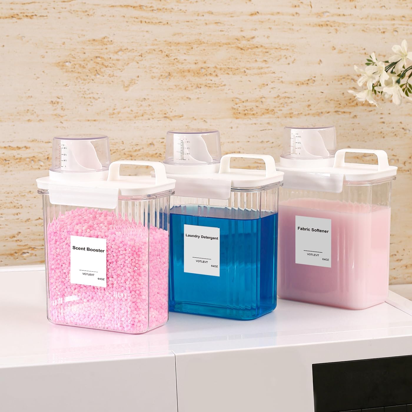 Liquid Laundry Detergent Dispenser 64OZ, Laundry Soap Dispenser, Clear Plastic Fabric Softener Holder and Container, Laundry Room Organization and Storage, 3 Pack