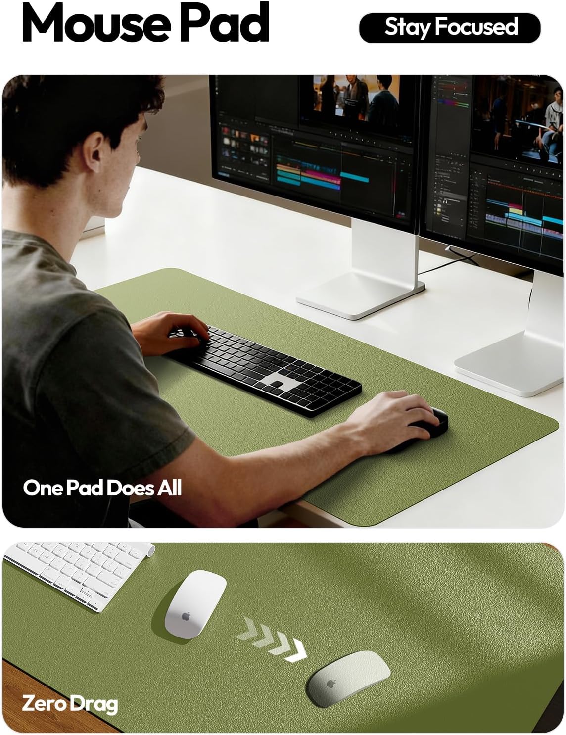 YSAGi Leather Desk Protector, Office Mat, Large Mouse Pad, Non-Slip PU Leather Blotter, Laptop Desk, Waterproof Writing Pad for Office and Home (Green, 31.5" x 15.8")