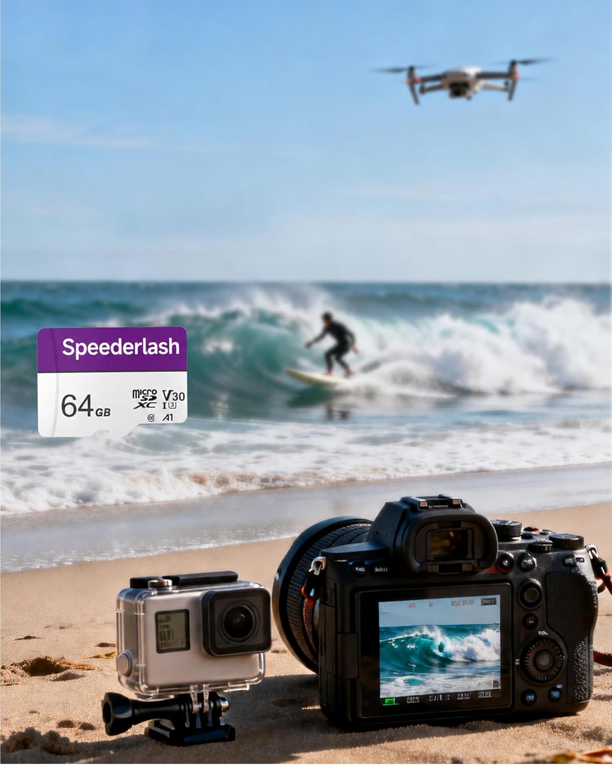Micro SDXC Memory Card 64GB Pack, Speederlash Camera Plus TF Card with Adapter, 90MB/s Read Speed, 4K UHD&5K Video Support, U3 V30 A1 Rated, for Security Camera, Smartphone, Drone, Tablet, PC