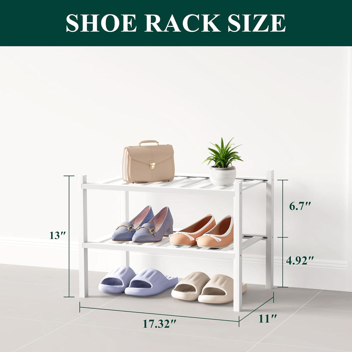 Smiry Bamboo Shoe Rack for Closet, 2 Tier - 17.32" Wide, White