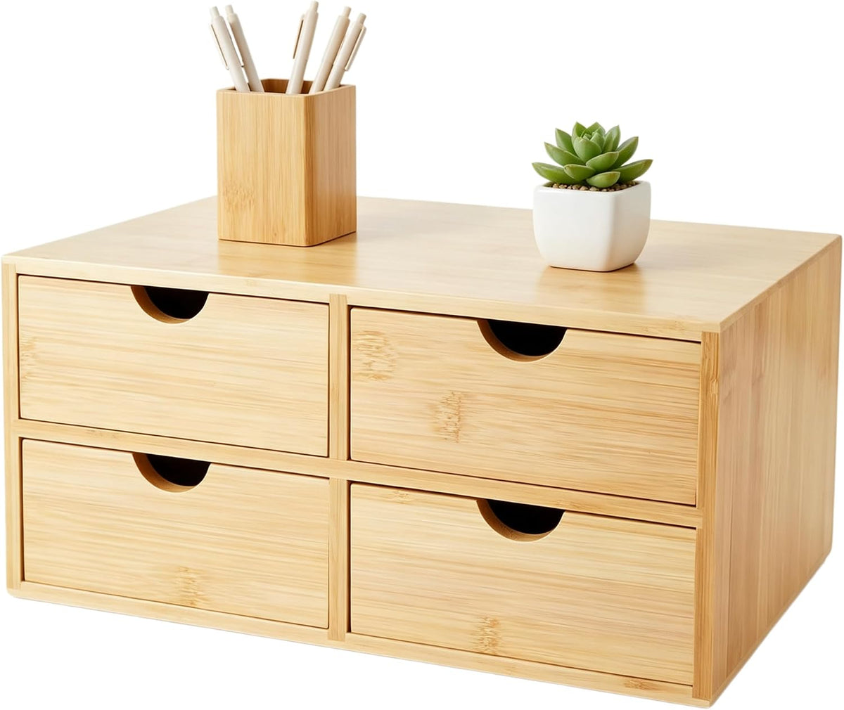 Bamboo Desk Organizer 4 Drawers, Countertop Organizer with Drawers Makeup Storage Drawer 4 Drawers Tabletop Storage Organization Box Home Office Workspace