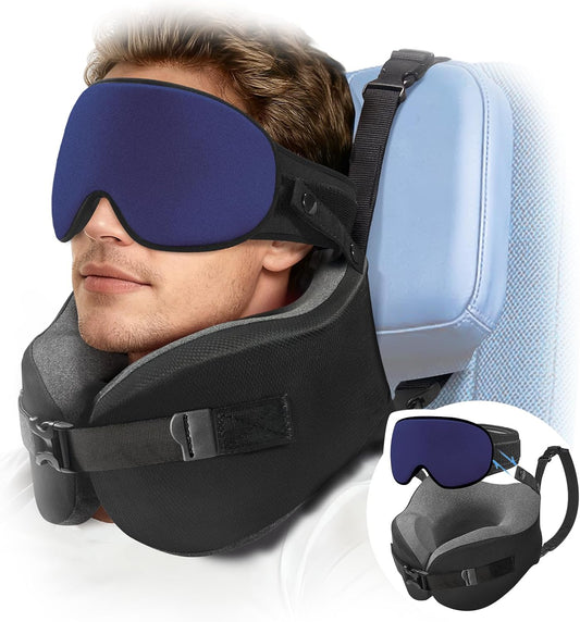 YFONG Travel Pillow for Long Flight Airplanes, Head Strap Combo with 3D Contoured Eye Mask for Sleep, Neck Pillow for Car Trip Essential, 360° Support Memory Foam Headrest, Prevent Bobbing, Blue
