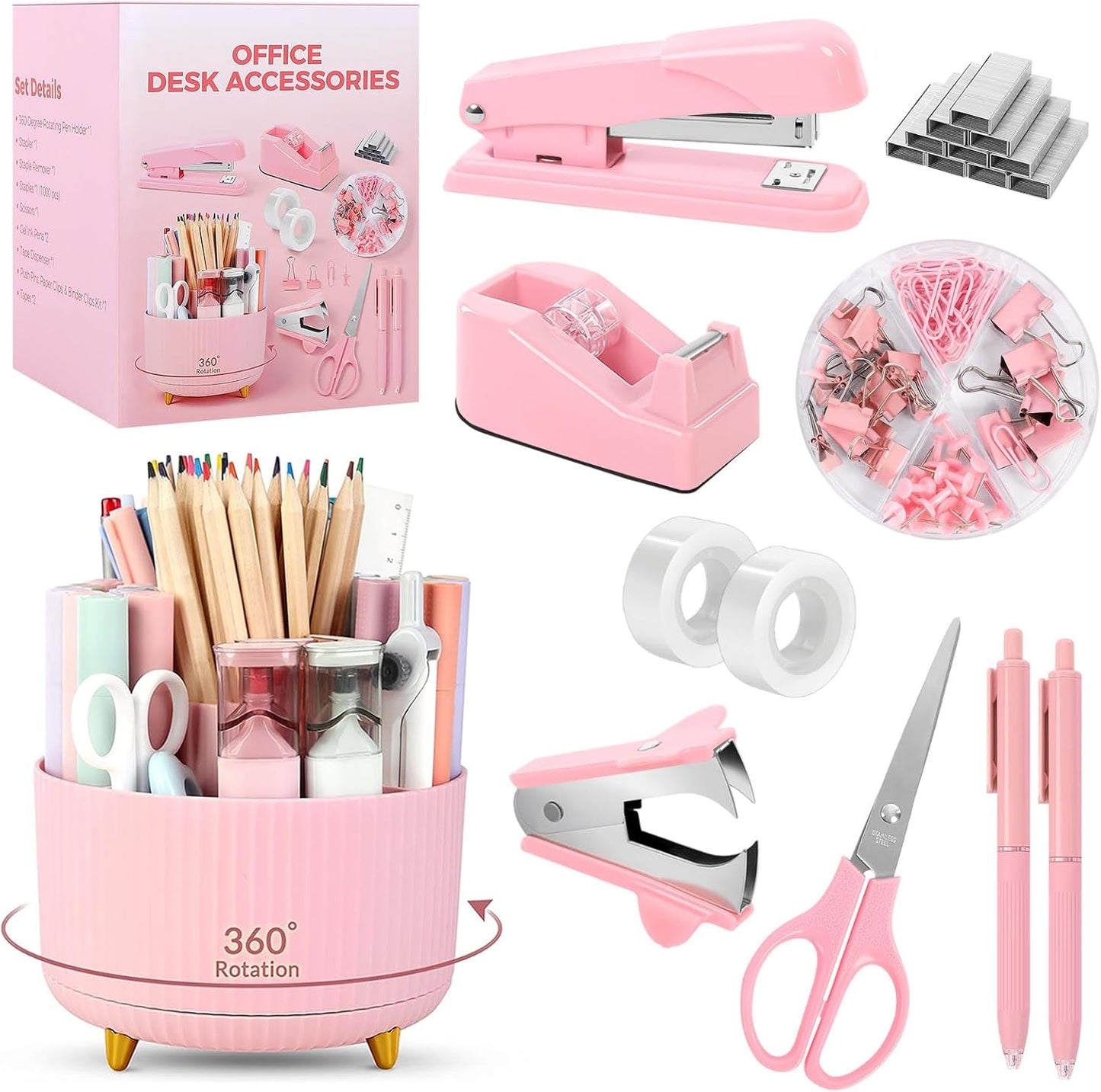SKYDUE Black Office Supplies, Black Office Desk Accessories 10PCS, Pencil Holder for Desk, Stapler, Tape Dispenser, Scissors, Ruler, Clips and 1000pcs Staples, Desk Supplies Set