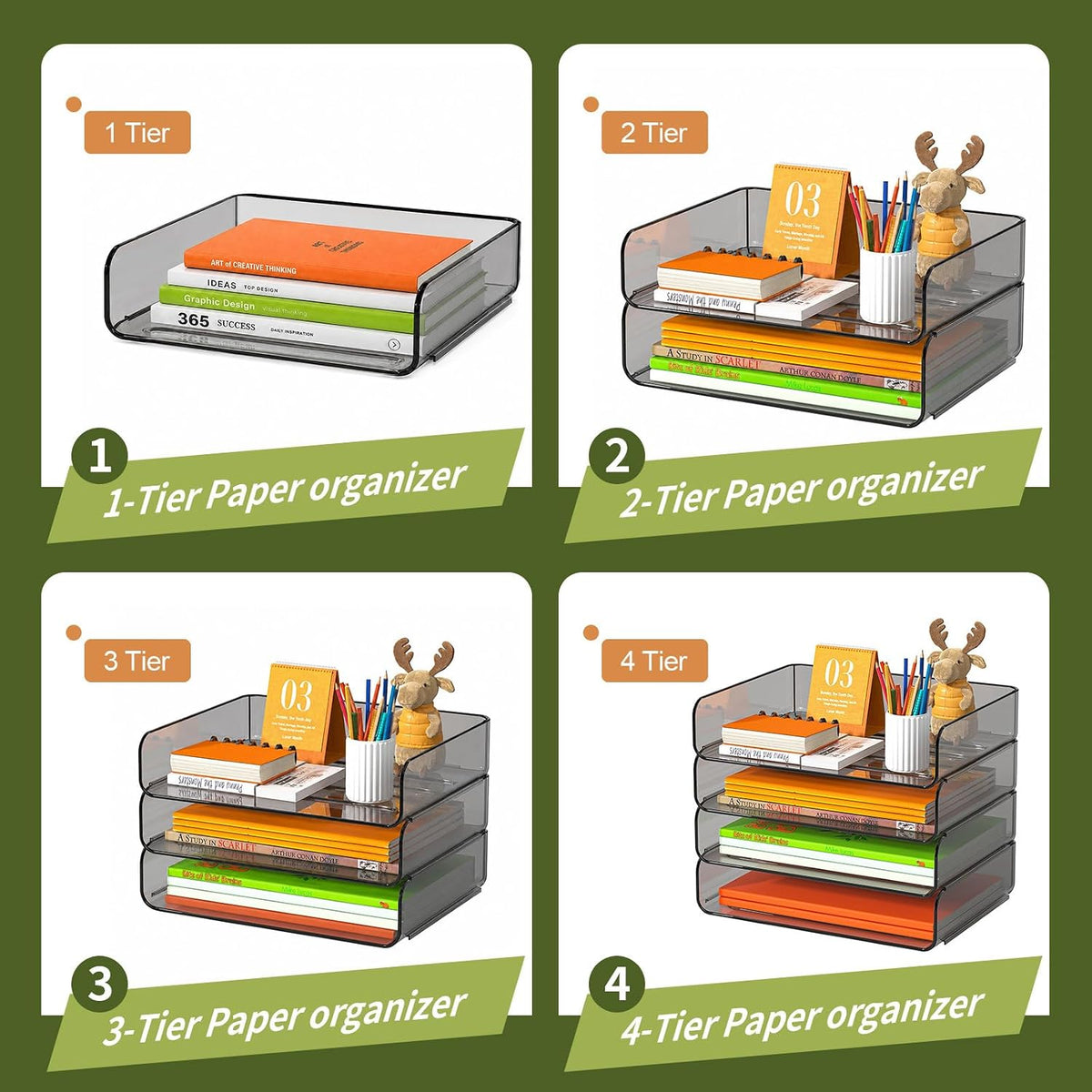 FANXIYQ 4-Tier Acrylic Paper Tray Organizer Brown Stackable Paper Organizer