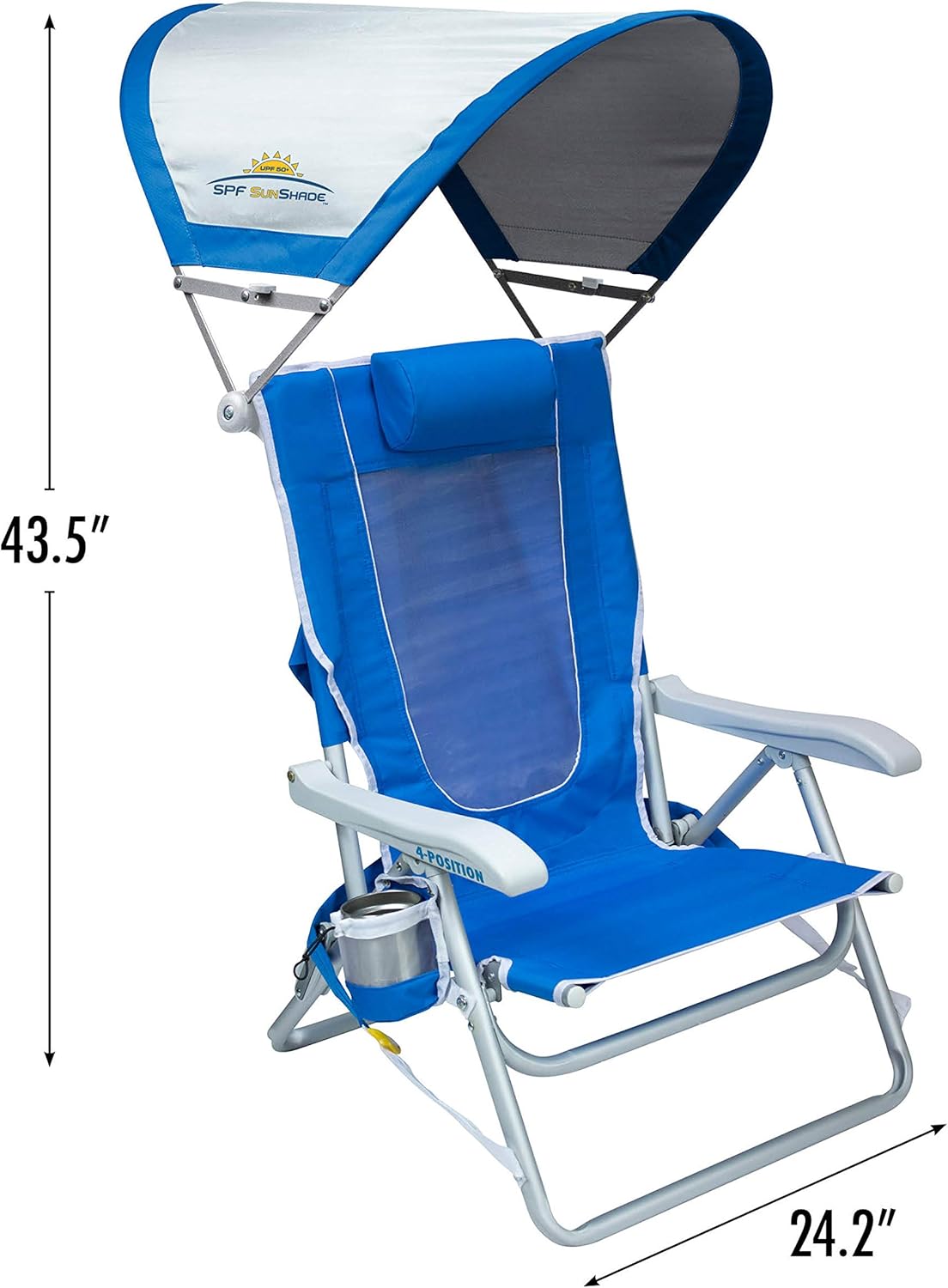 GCI Outdoor Sunshade Backpack Beach Chair | Reclining Folding Canopy Chair with Durable Armrests, Drink Holder & Carry Straps, Perfect for Beach Trips & Picnics — Saybrook Blue