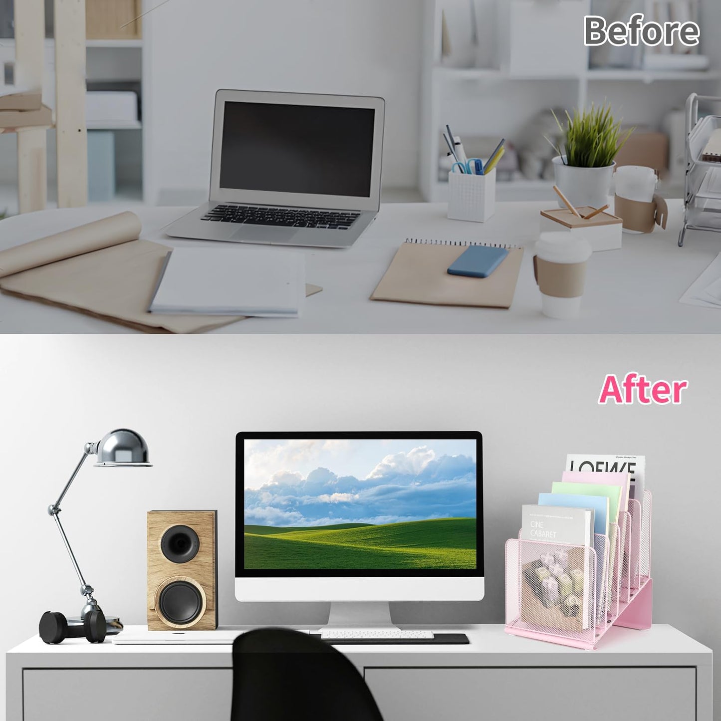 LEKETREE File Organizer for Desk, Desk Organizer with 5-Section Vertical File Rack, Folder Organizer,Workspace Organizers (Pink)