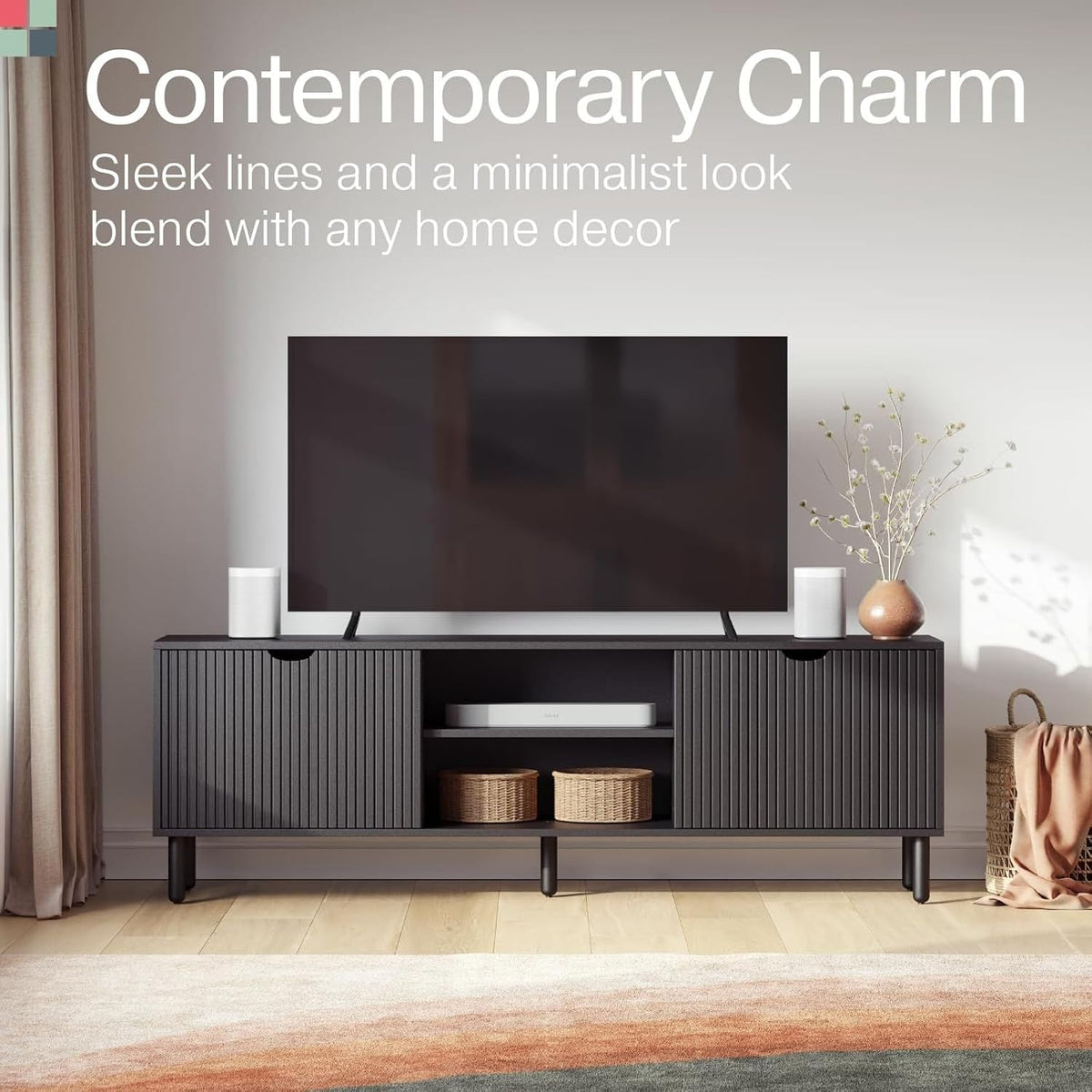 Stead Fluted Wood TV Stand - Soft-Close Doors & Adjustable Shelves TV Console with Storage - Cable Management Entertainment Center - Fluted Doors Hide Components Media Stand - Black, 70