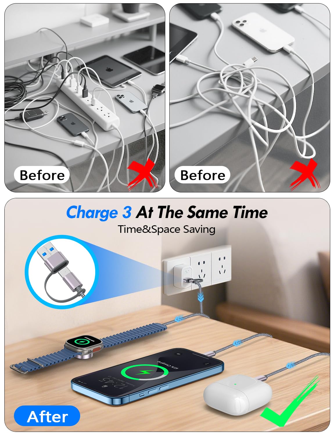2Pack Multi Charging Cable Cord for Travel Essentials,Apple Watch Charger,iPhone Charger,[3-in-2] Type C/L Cable Portable Designed for iWatch,iPhone 17-8,Galaxy S26-21,Xbox Series X&S,iPad-4FT