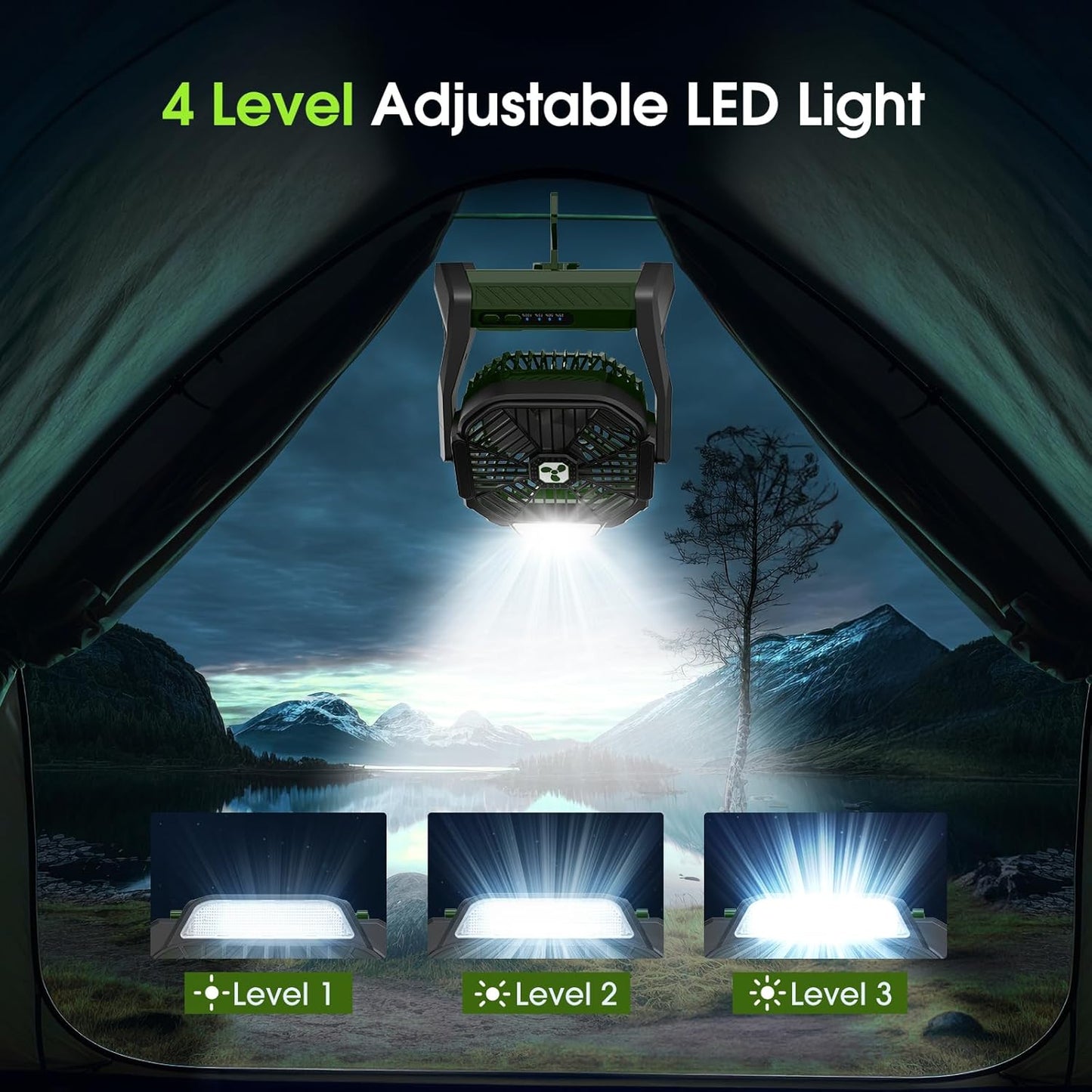 Portable Rechargeable Fan, 20000mAh Cordless Battery Powered Camping Tent Fans with LED Lantern, Small USB C Operated Outdoor Ventilador for Travel Camp Fishing Picnic Home Power Outage Emergency
