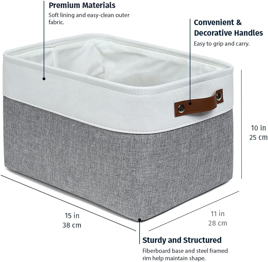 OrganiHaus 15x11in Canvas Storage Baskets 3 Pack | LARGE Fabric Bins for Shelves | Closet & Bedroom Storage | Gray/Off-White