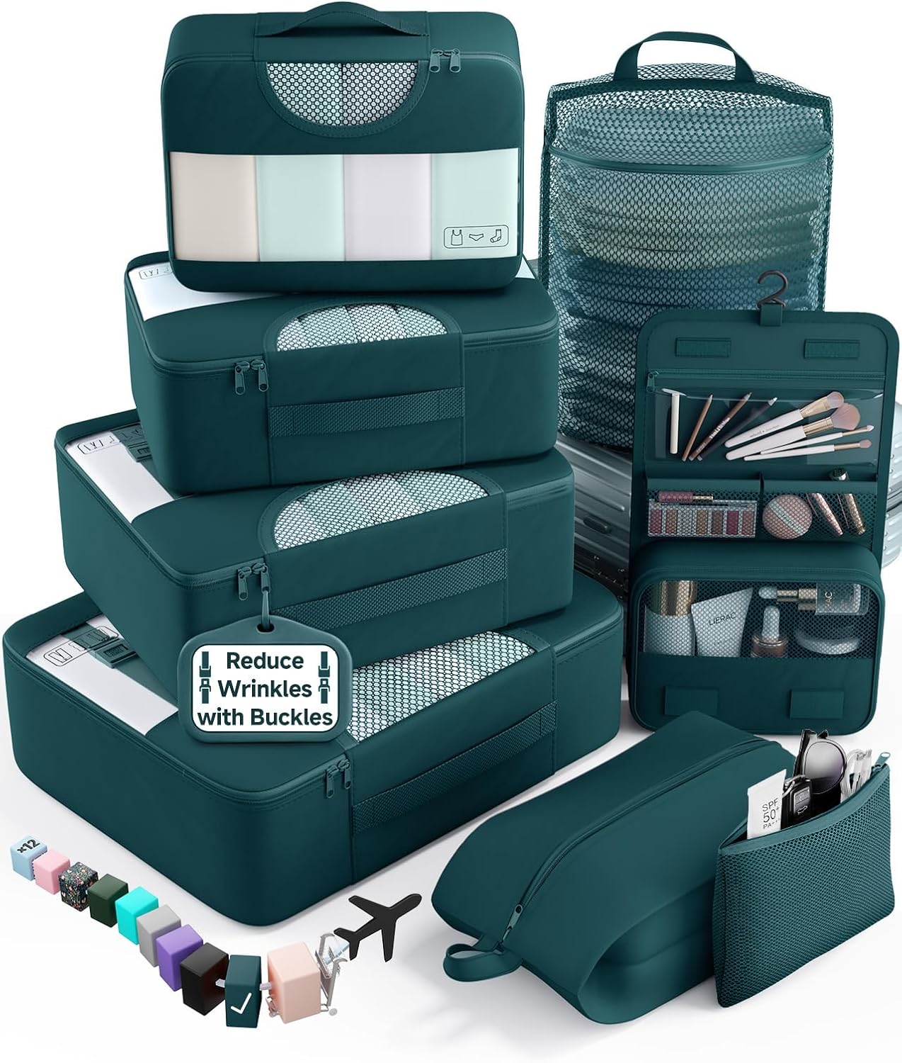 Veken 8 Set Packing Cubes for Travel Essentials,Anti-Wrinkle Buckled Suitcase Organizer for Shoe & Toiletry Bag,Carry On Luggage Bag for Airplane & College Dorm Room Accessories,Women Men Gifts