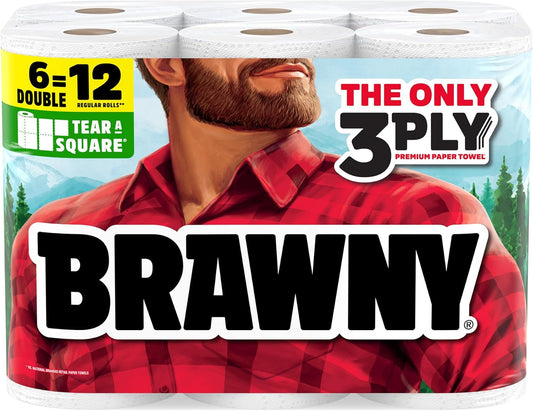 Brawny Tear-A-Square 3-Ply Paper Towels, 6 Double Rolls = 12 Regular Rolls, Strong, Absorbent, and Durable with 3 Sheet Sizes (Quarter, Half, Full)