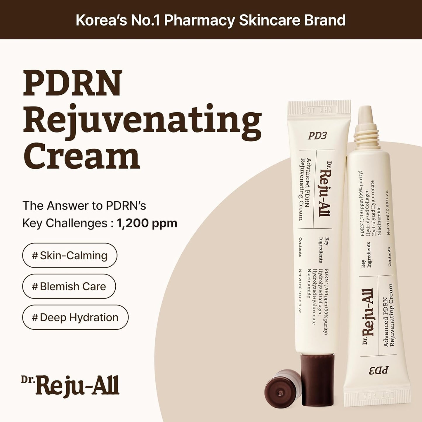 Dr.Reju-All PDRN Rejuvenating Cream – Rejuall PDRN Face Moisturizer – Optimal 1200ppm for Glass Skin & Plumping – Korean Pharmacy Anti-Aging Skin Care Face Cream - 0.7 Fl Oz