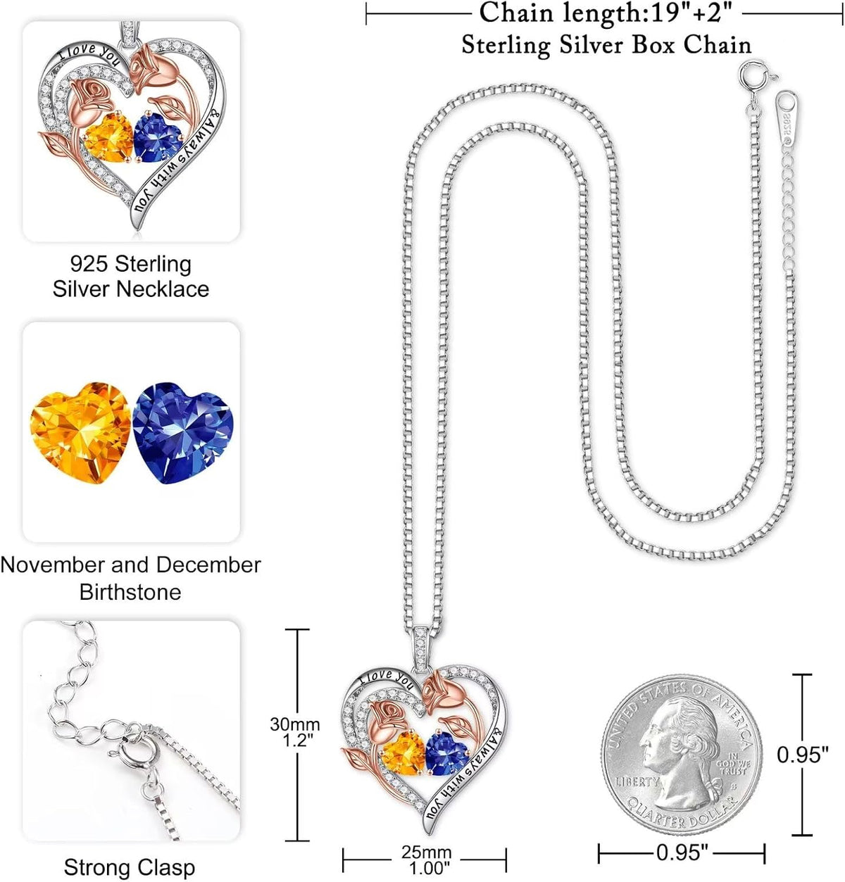 Iefil Birthstone Necklace for Women - Rose Heart Necklace