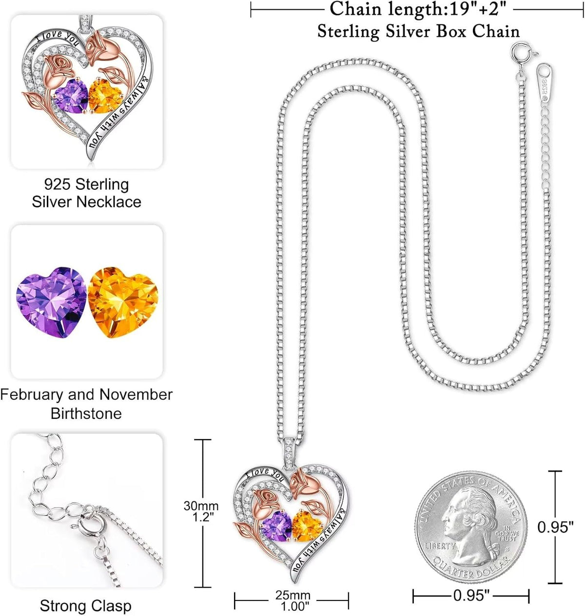 Iefil Birthstone Necklace for Women - Rose Heart Necklace