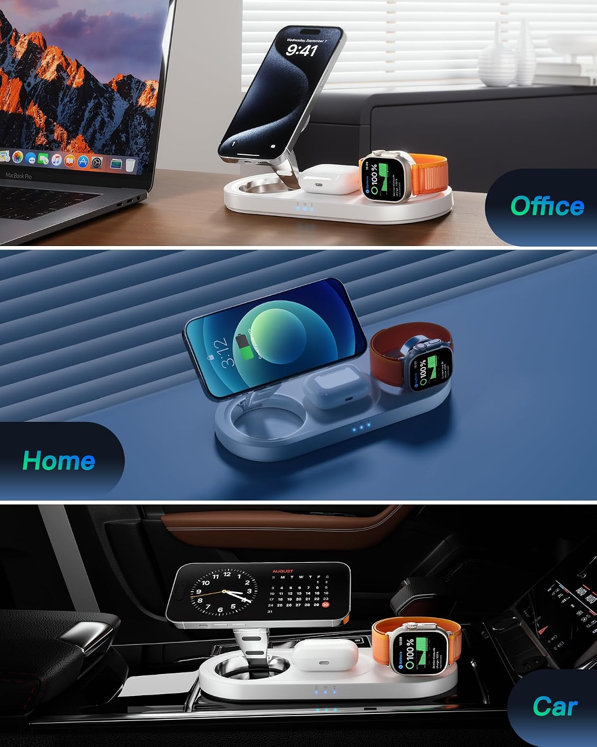 Foldable 3 in 1 Wireless Charging Station for Apple Mag-Safe Charger Stand | Fast Magnetic Wireless Charger Station for iPhone 17 Air 16 15 14 13 12, Apple Watch, AirPods Pro/4/3/2, and More (White)
