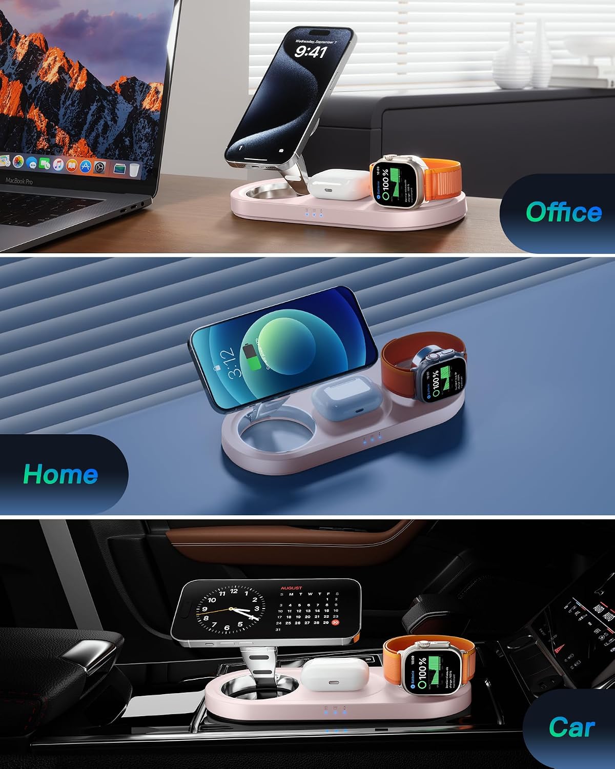 Foldable 3 in 1 Wireless Charging Station for Apple Mag-Safe Charger Stand | Fast Magnetic Wireless Charger Station for iPhone 17 Air 16 15 14 13 12, Apple Watch, AirPods Pro/4/3/2, and More (Pink)