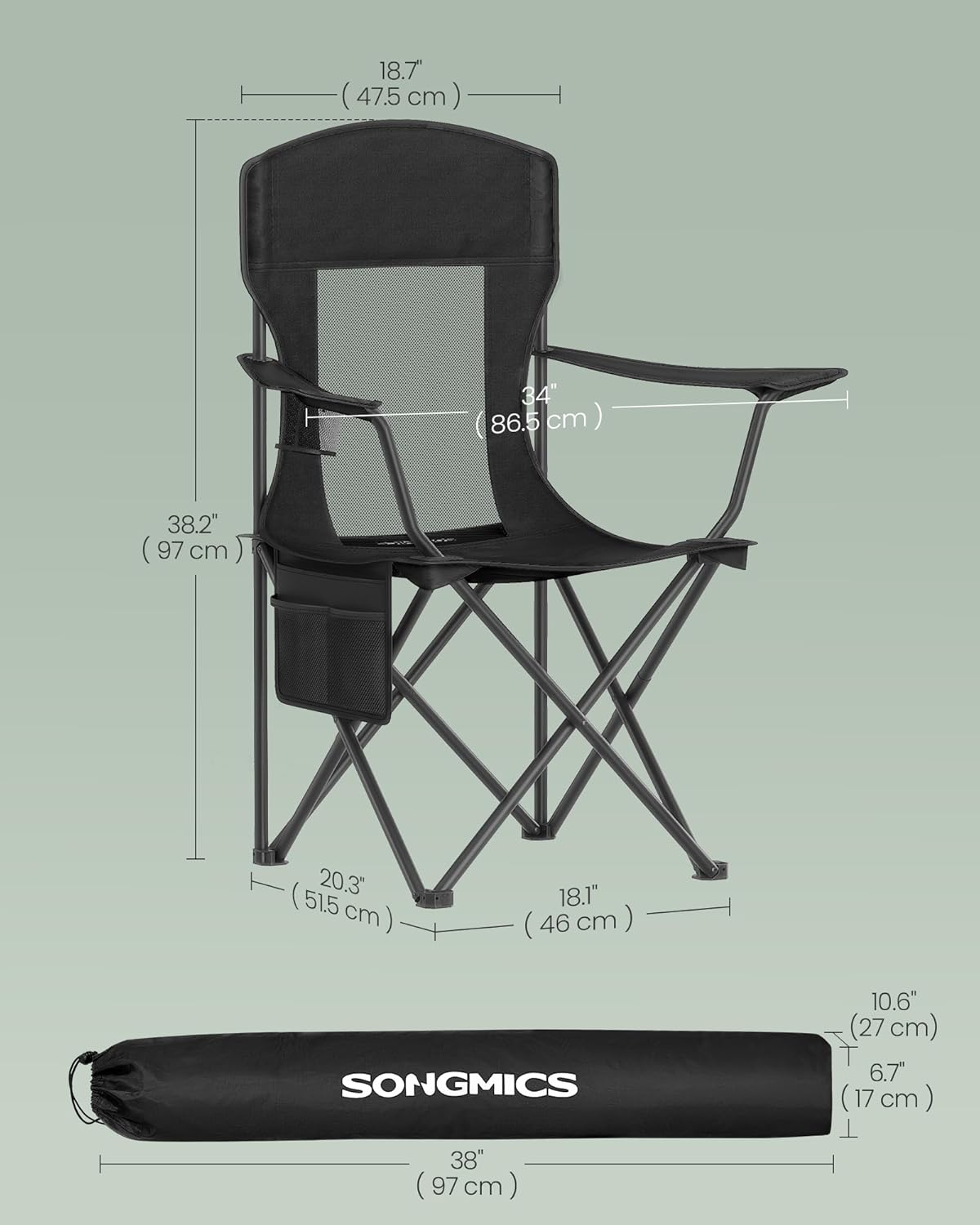 SONGMICS 2 Pack Breathable Camping Chairs, 330 lb Capacity Foldable Outdoor Chairs, High Back, Adjustable Armrests & Cup Holder, for Sports Garden Backyard, Ink Black UGCB028B02