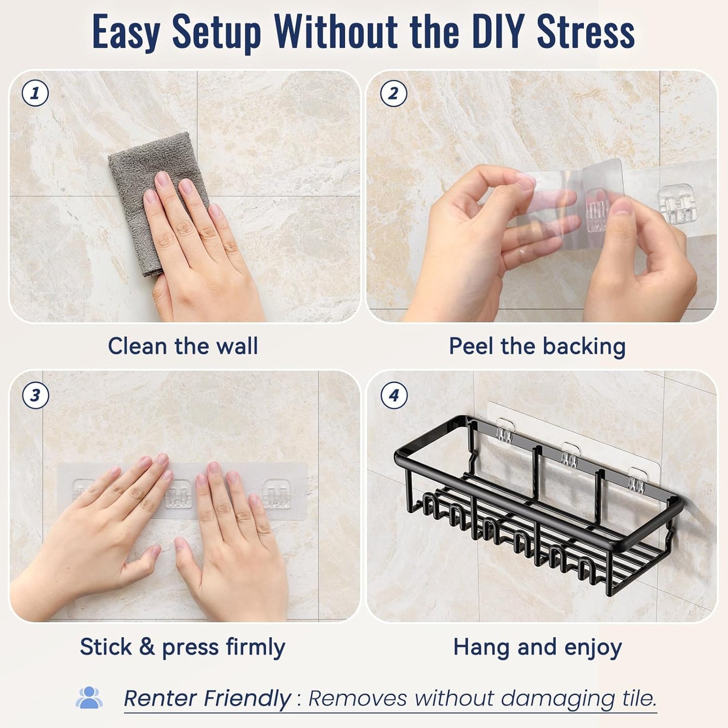 8 Pack Adhesive Rustproof Shower Caddy with Soap Dishes, Toothbrush Holder & Hooks, Large Capacity No-Drilling Shower Shelves Rack for Bathroom Organizers and Storage Accessories, Black