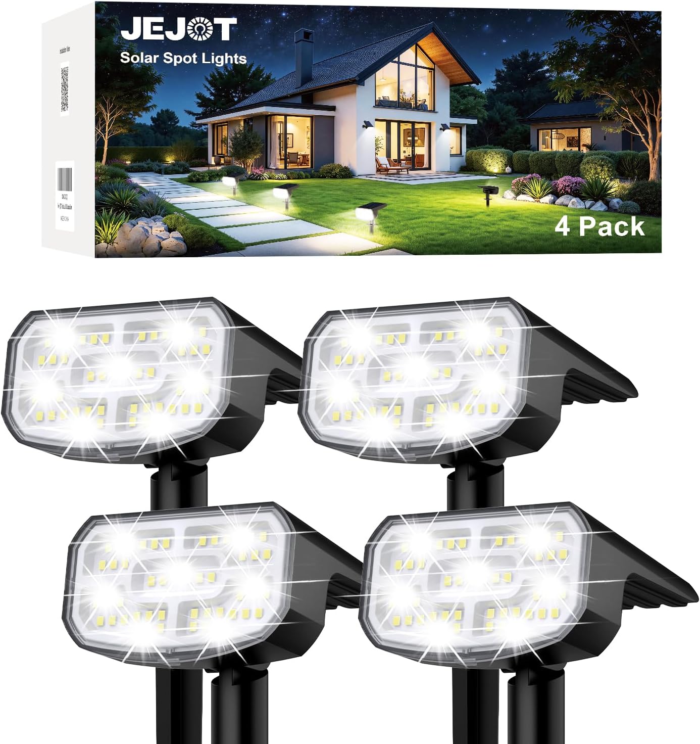 JEJOT Solar Spot Lights Outdoor Waterproof IP65,4 Pack,Cool Light,2 Lighting Modes Selectable, Solar Powered Yard Garden Solar Spot Lights for Outside Landscape Auto On/Off
