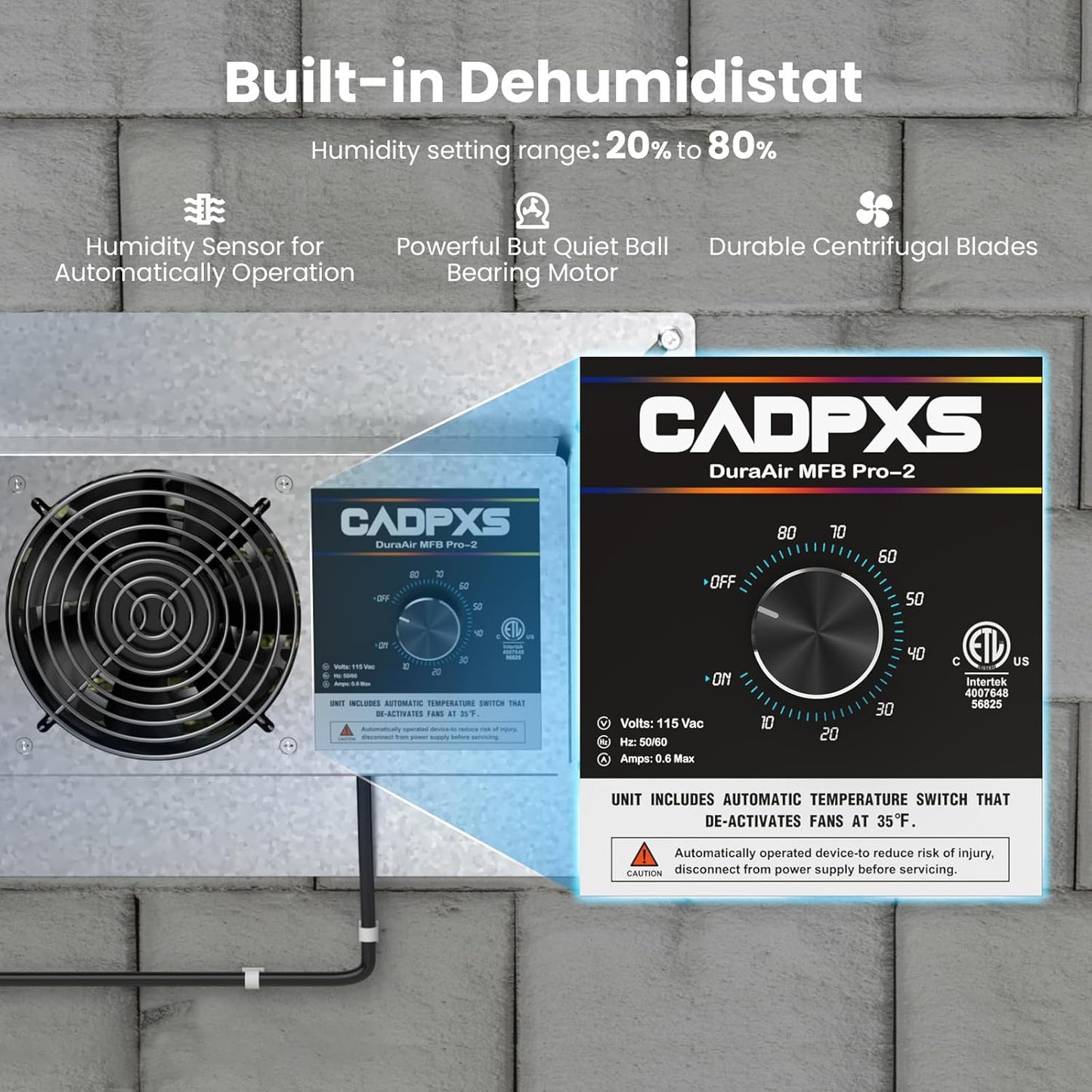 CADPXS Crawlspace Ventilation Fan, Crawlspace Fan Vent with Humidistat, Dehumidistat & Freeze Protection Thermostat, for Crawl Spaces/Basement/Garage/Attic/Hydroponics Grow Tents (220 CFM Air Out)
