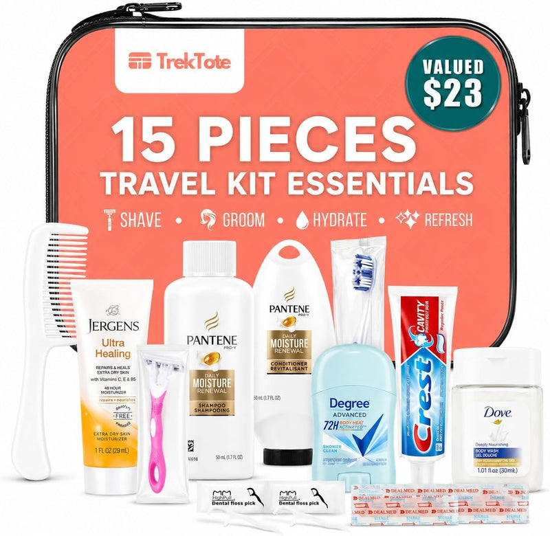 15 Piece Set Women’s Travel & Hygiene Kit with Clear Toiletry Bag, Personal Care Essentials, Single Kit or Bulk Case Packs, TSA Approved Toiletry Kit for Travel, Vacation, Everyday Essentials