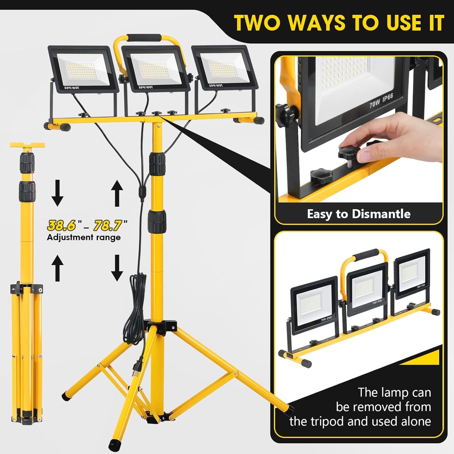 Zetunlo 21000Lumen LED Work Lights with Stand - 3 Head Portable Work Light with 16FT Cord - IP66 Waterproof Tripod Worklights for Outdoor Indoor Job Site Workshop Garage Construction Site Lighting