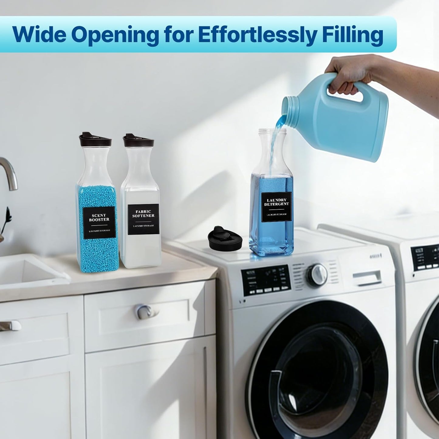 3 Pack Laundry Detergent Dispenser, Laundry Soap & Fabric Softener Dispenser, 54oz Laundry Detergent Containers, Laundry Room Organization and Storage Plastic Bottle for Scent Booster, Powder, Bleach