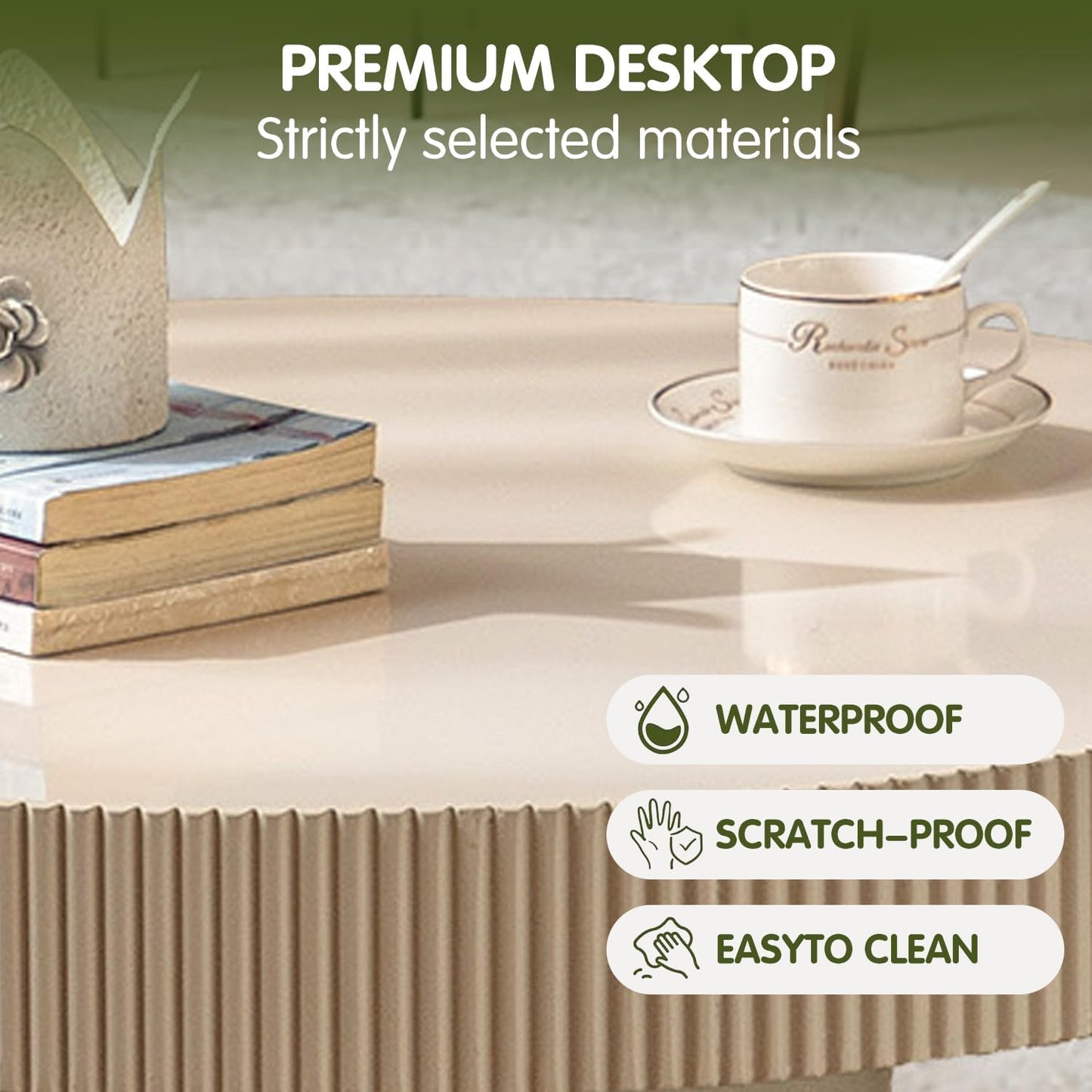 White Round Fluted Coffee Table for Living Room (Ivory White Thin Desktop) | Relief Edges, Circular Drum Coffee Table, for Office Outdoor
